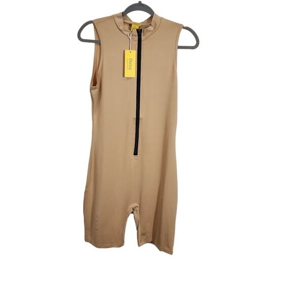 Daisy Zip Front Mock Neck Romper - Taupe - Size Medium - Picture 3 of 7